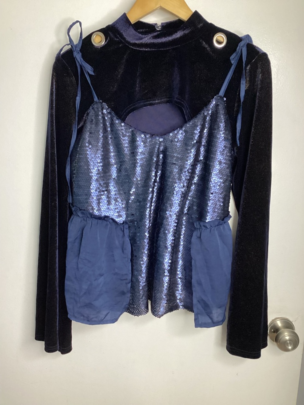 Navy Sequin Tie-Strap Crop Top with Velvet Overlay 1X